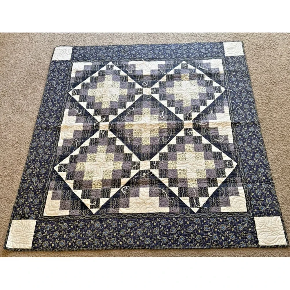 Vintage Style Handmade Prayer Qulit Patchwork Quilt Shades of Blue 50